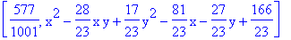 [577/1001, x^2-28/23*x*y+17/23*y^2-81/23*x-27/23*y+166/23]